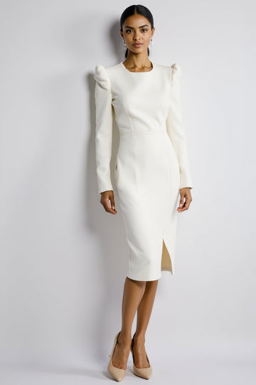 Long Sleeve Bodycon Midi White Work Dress With Slit